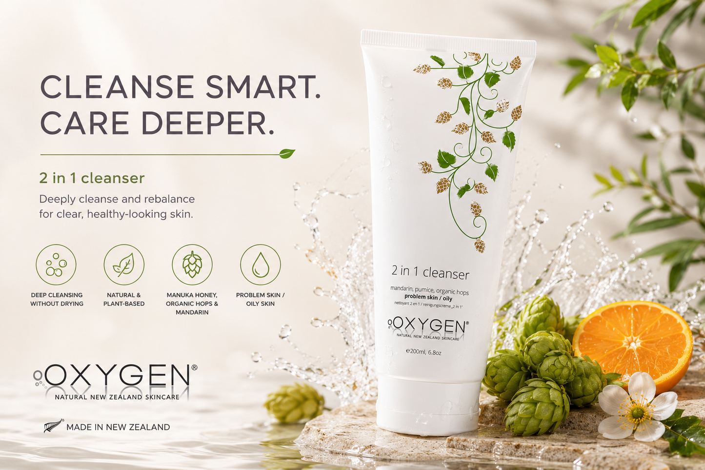 Oxygen Skincare | 2 in 1 Cleanser with Hops | For Problem & Oily Skin | Uplifting & Refreshing