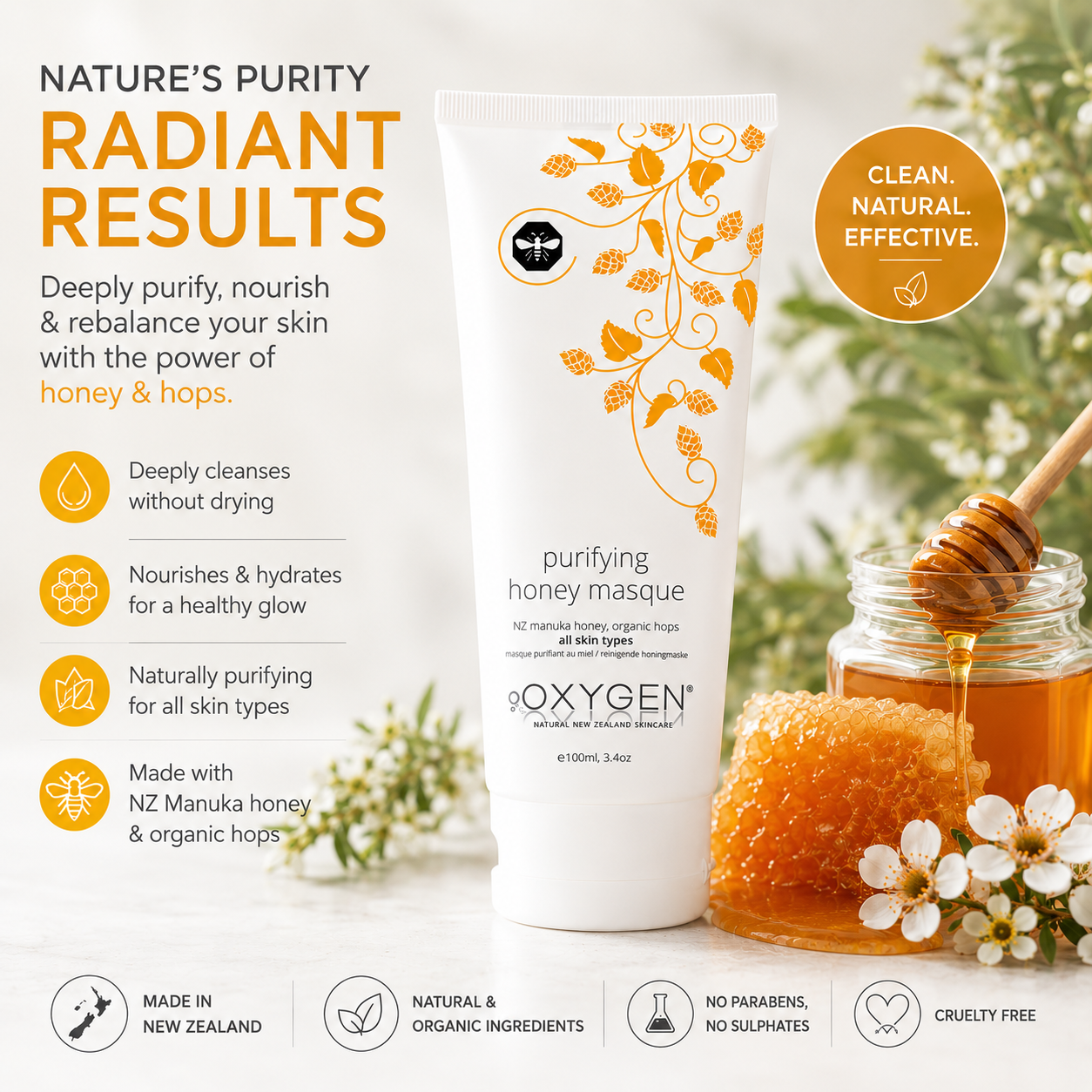 Manuka Honey and Hops Face Masque for all skin types 100ml | Oxygen Natural Skincare